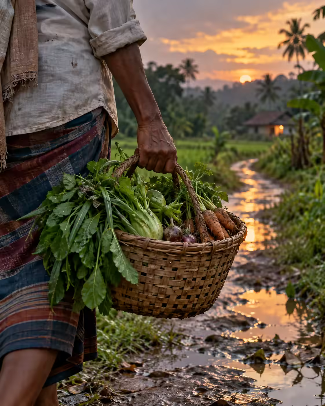 A farmer carrying a woven basket home along a wet field path