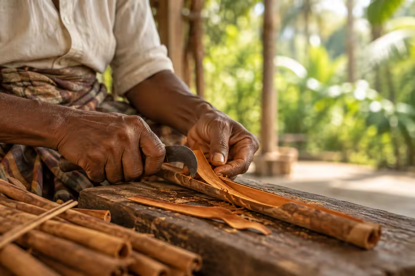 Sri Lankan hands peeling cinnamon bark
