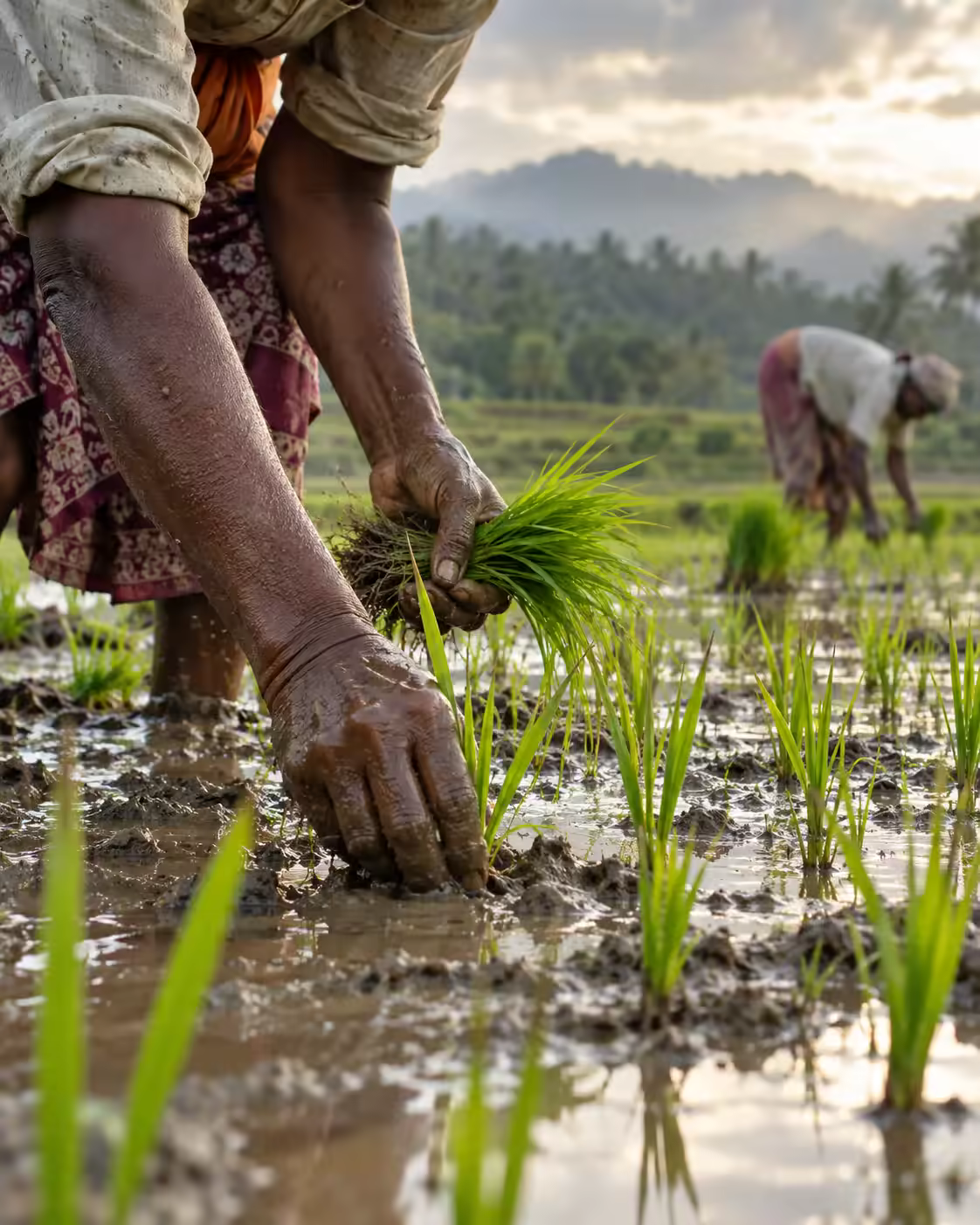 Hands planting young rice in wet paddy soil