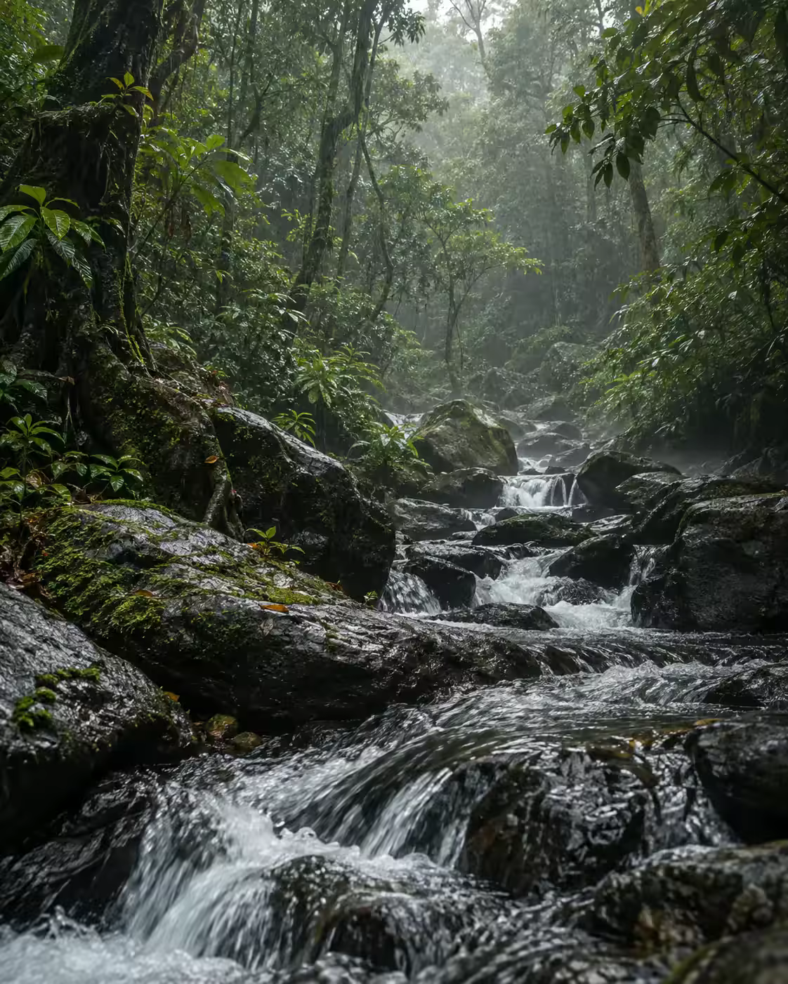 Rain moving through a forest stream in Sri Lanka